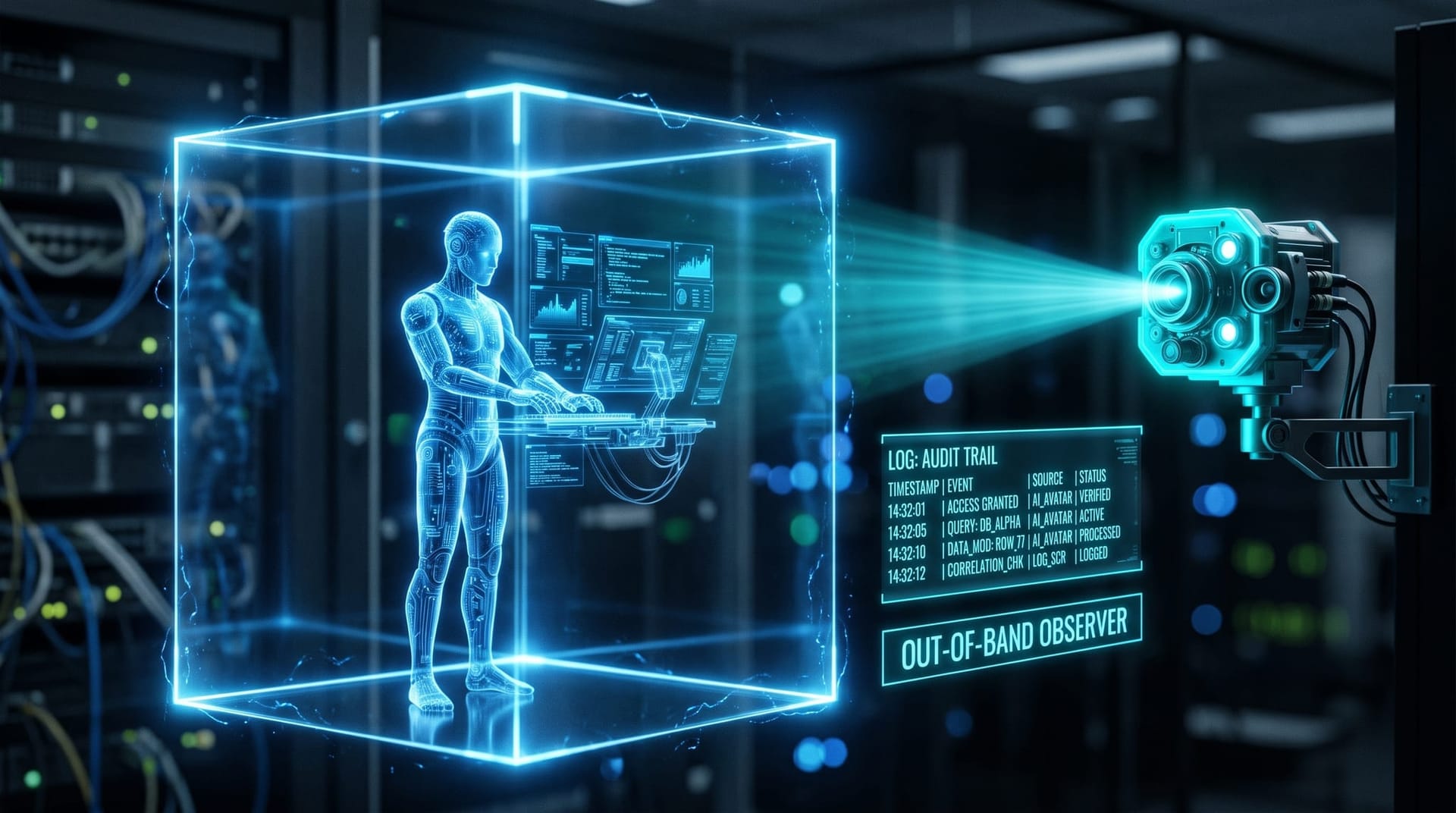 Translucent cyan holographic AI agent inside a sandbox with a separate external observer eye watching from outside its control loop, an independent audit trail glowing