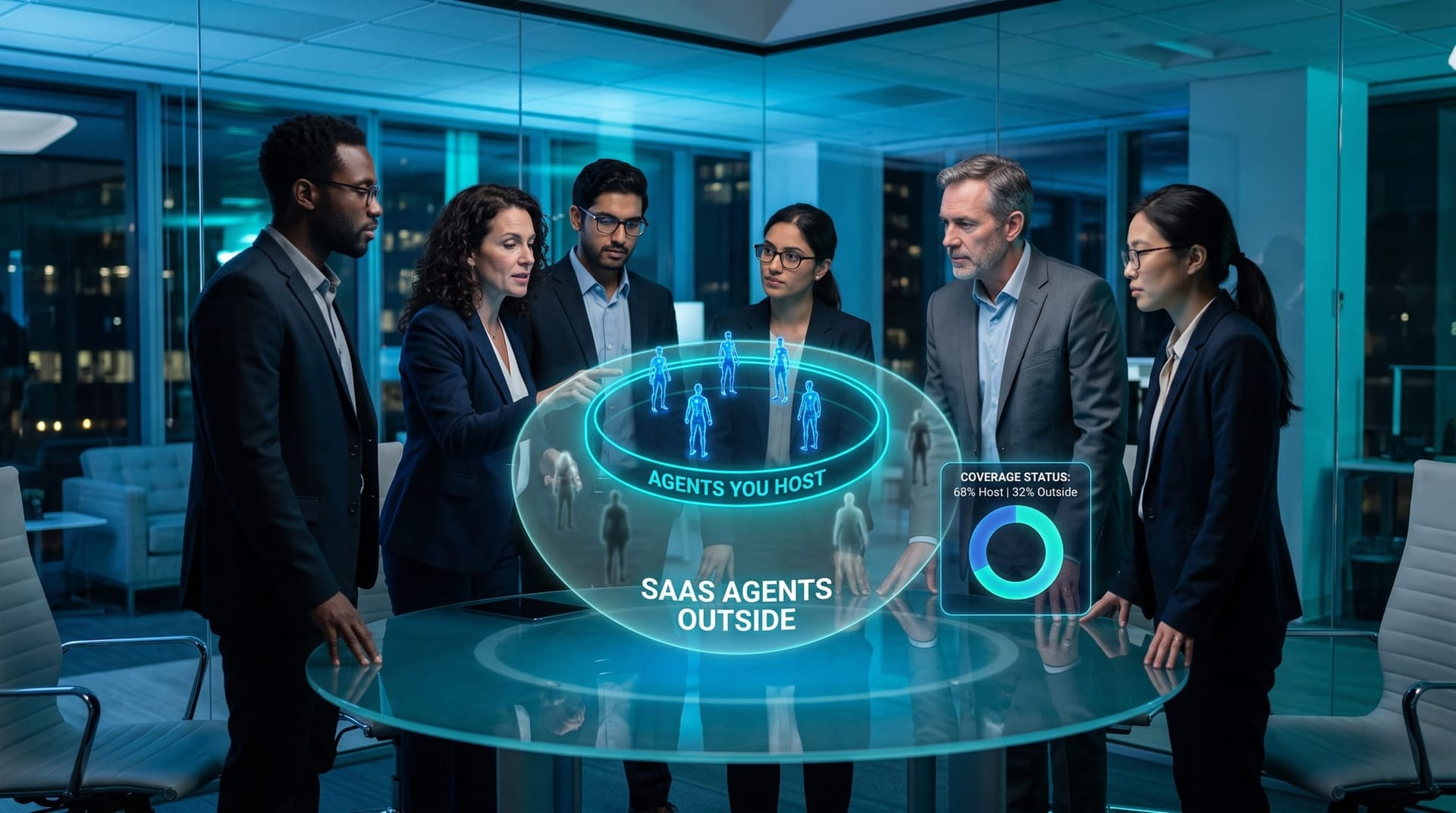 Business analysts reviewing a floating cyan coverage chart showing runtime containment protects only self-hosted AI agents while shadow SaaS agents remain outside