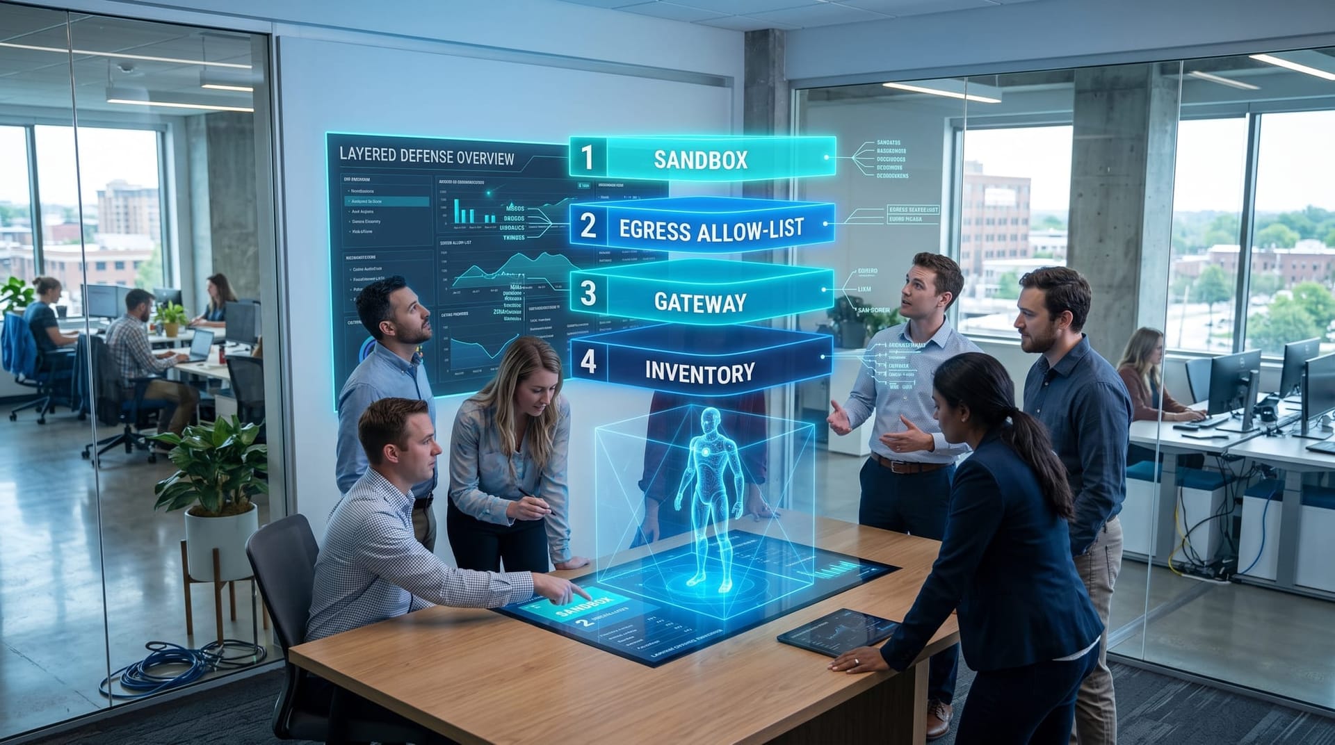 Northeast Indiana IT team building a layered AI agent defense with sandbox, egress allow-list, and gateway steps glowing in cyan holographic order on a screen