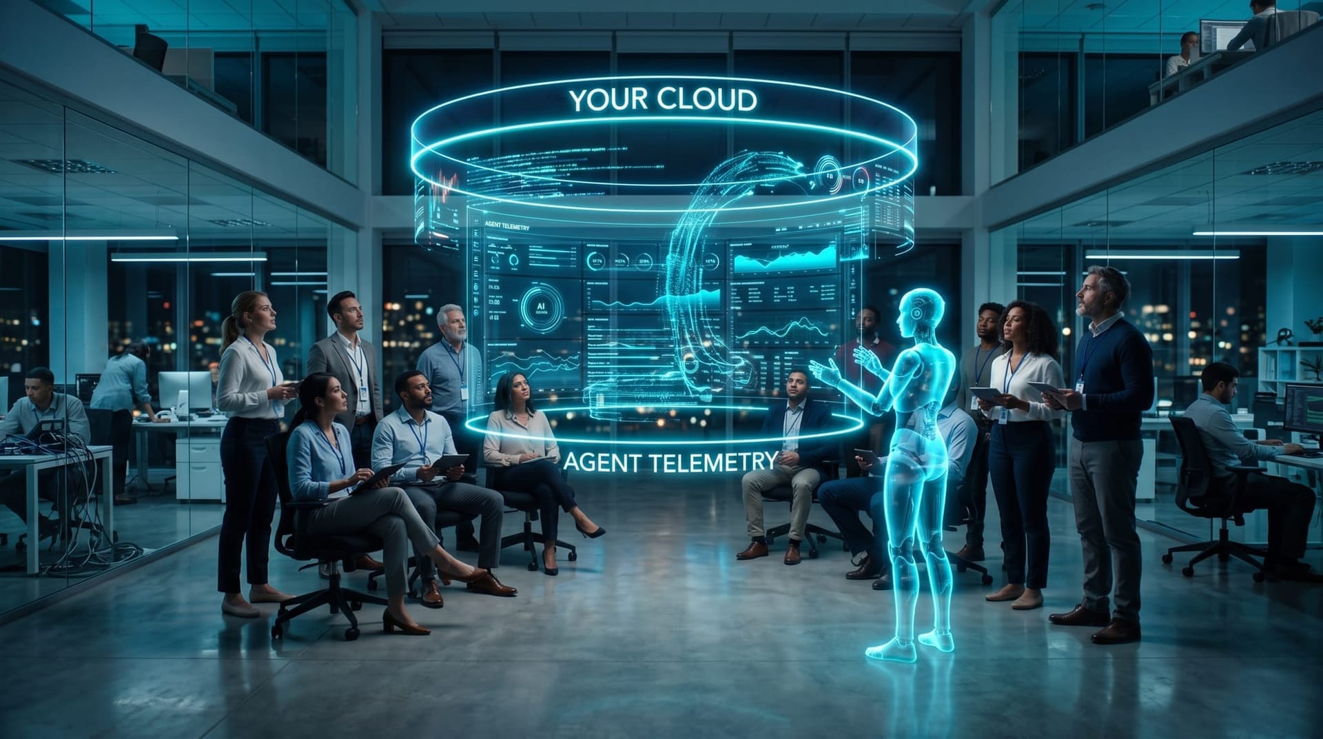 An operations team watches AI agent telemetry streams stay inside their own cloud boundary on a cyan holographic observability dashboard