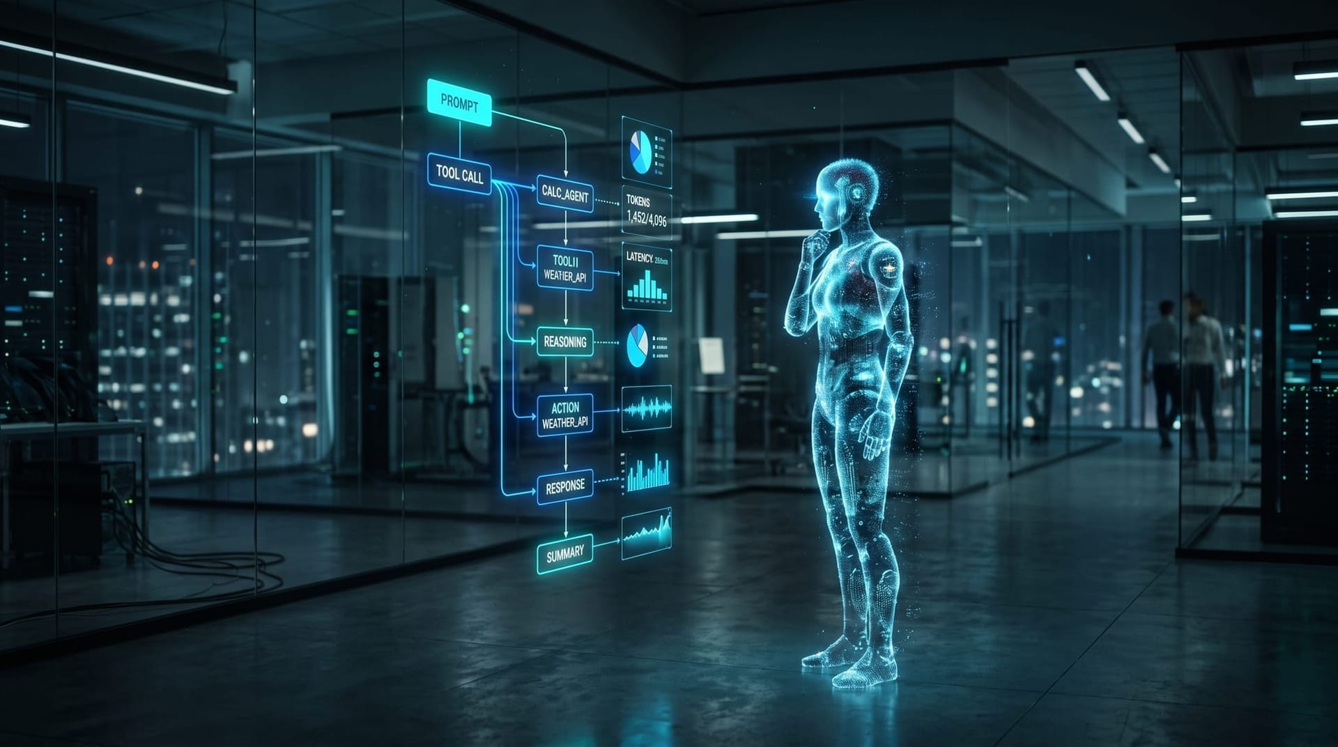 Close view of a cyan holographic AI agent trace panel showing prompts, tool calls, tokens and latency as sensitive telemetry