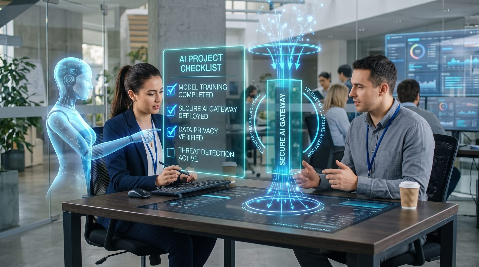 IT decision-makers work through a holographic telemetry-residency checklist routed through a secure AI gateway in cyan glow