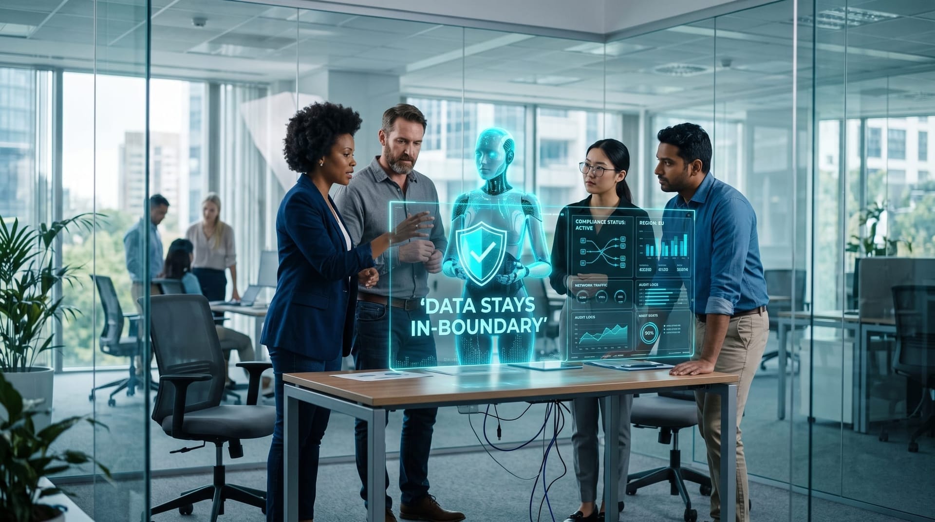 Northeast Indiana professionals review compliant AI monitoring data kept inside their own cloud on a cyan holographic overlay