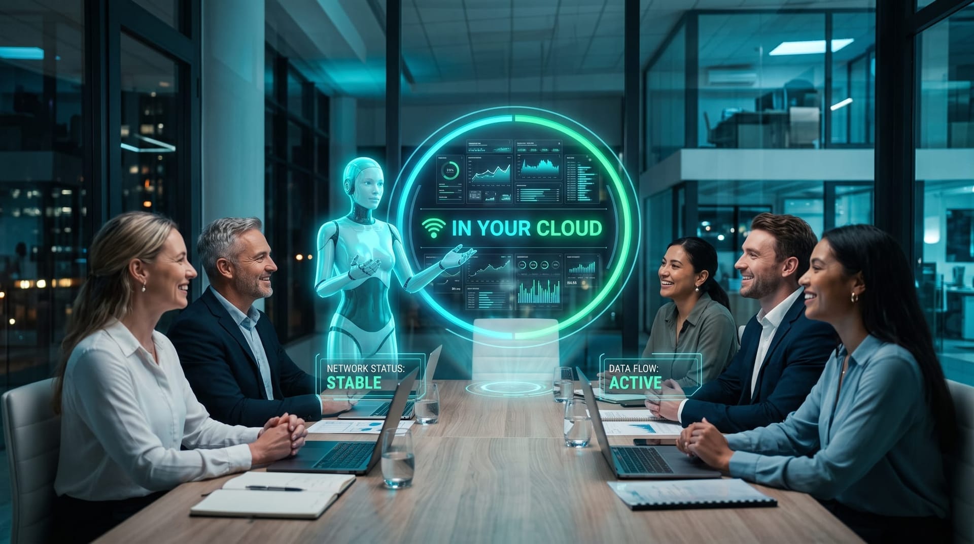 Team members nod in approval as a holographic AI avatar shows agent telemetry fully contained within their own secured cloud