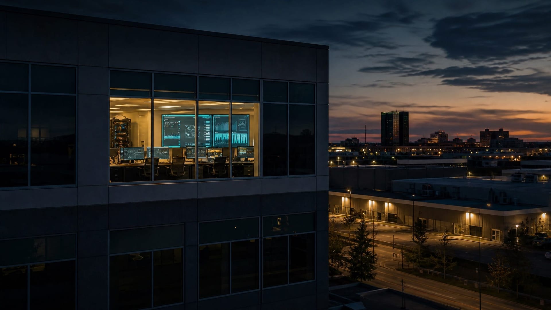 A single lit office window in a row of dark corporate high-rises at dusk, representing the small fraction of enterprises whose AI agents have cleared the trust bar to ship.