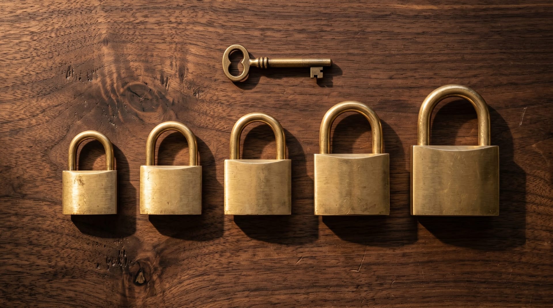 Five graduated brass locks arranged in a row on dark walnut, representing the five enterprise AI deployment blockers — governance, observability, credentials, approvals, and measurement.