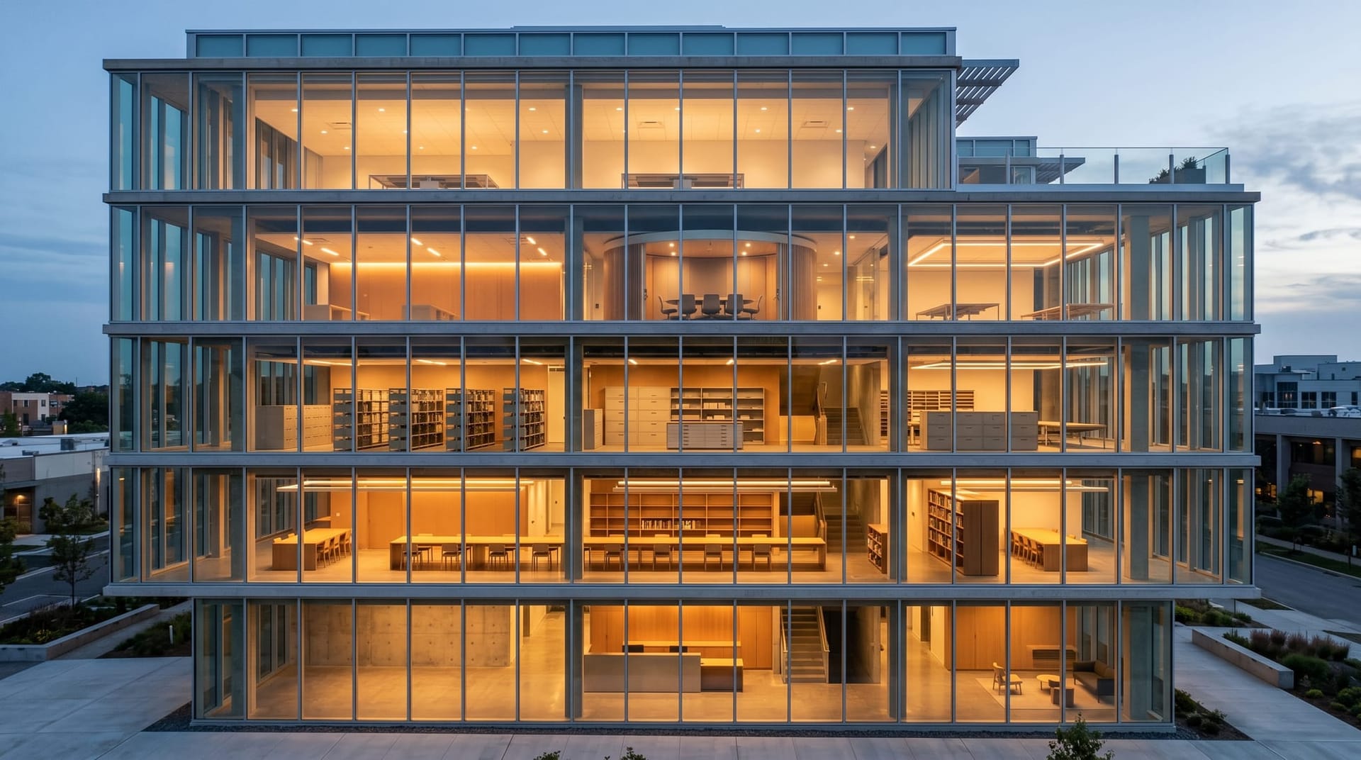 Cutaway architectural diagram-style photograph of five stacked architectural floors in a modern building section, representing the five-layer AI operating architecture.