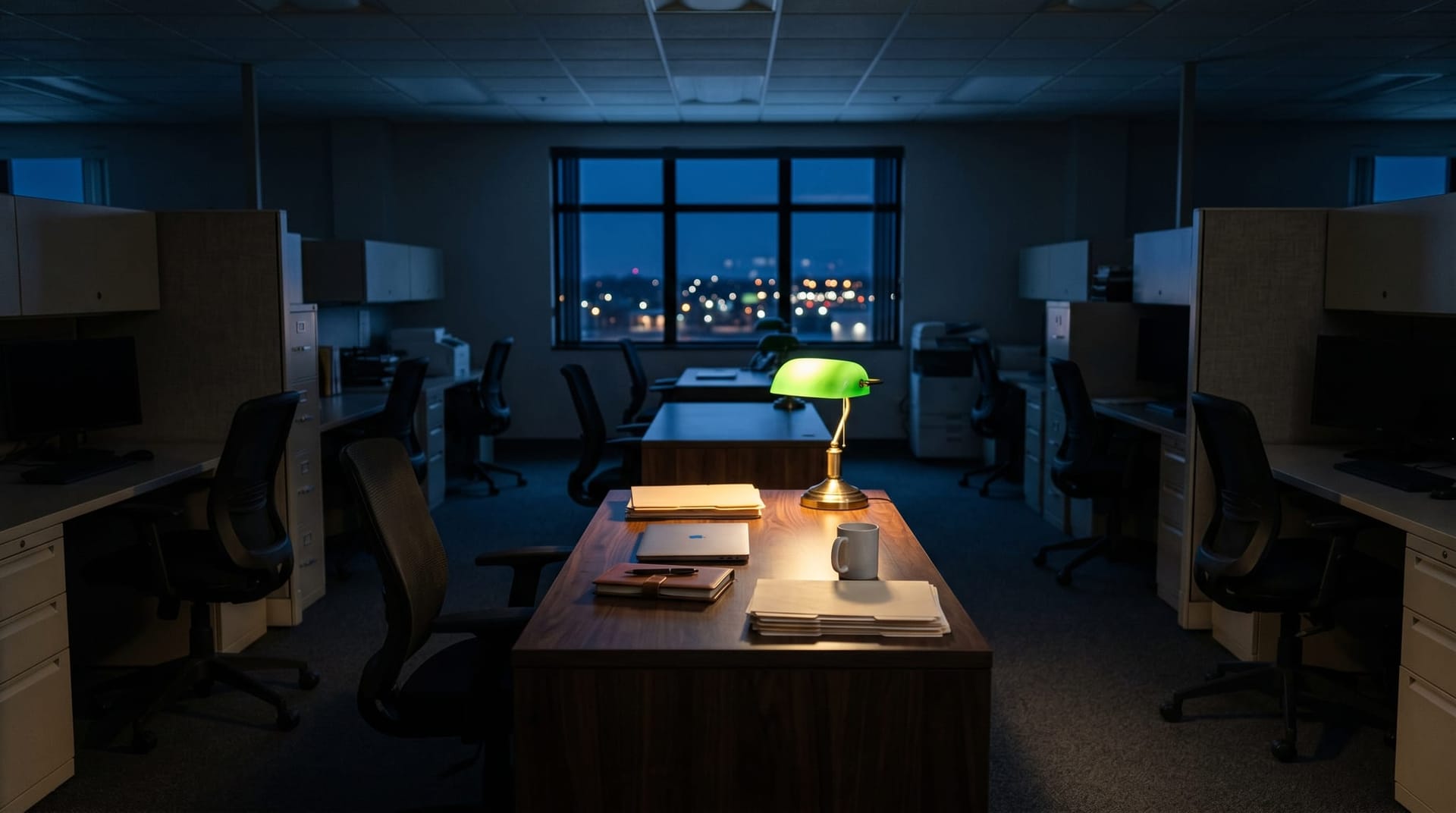 Fort Wayne mid-market professional services office at late evening with a single warmly lit workstation and a closed laptop, depicting an AI Employee deployment that has reached production.