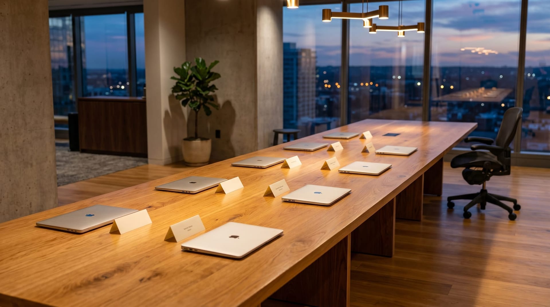 A long polished conference table with a single empty chair at the far end and a row of closed laptops along one side, illustrating the 85/5 enterprise AI deployment ceiling.