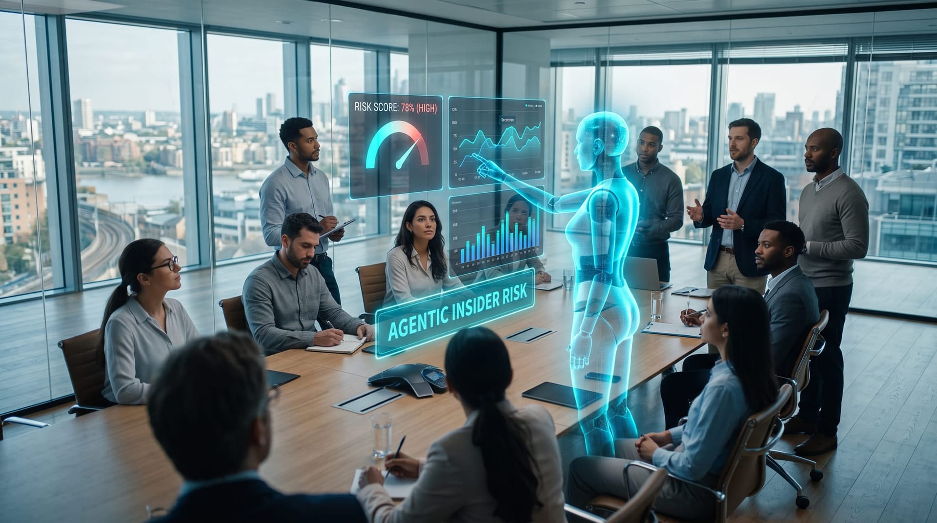 Business team watching a translucent holographic AI employee act inside a glass-walled office as a floating panel scores agentic insider risk