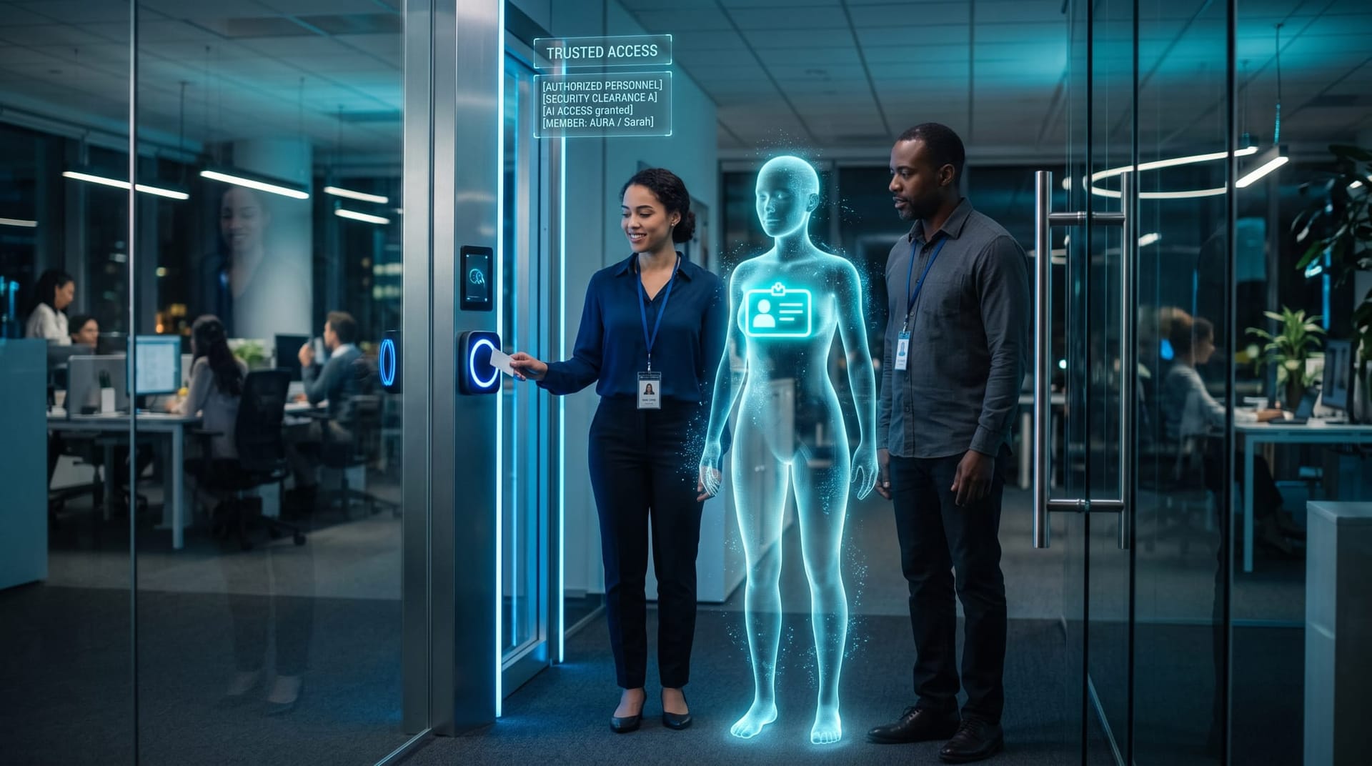 A translucent holographic AI employee holding a glowing access badge among human colleagues, illustrating the agentic insider in a cool-lit office