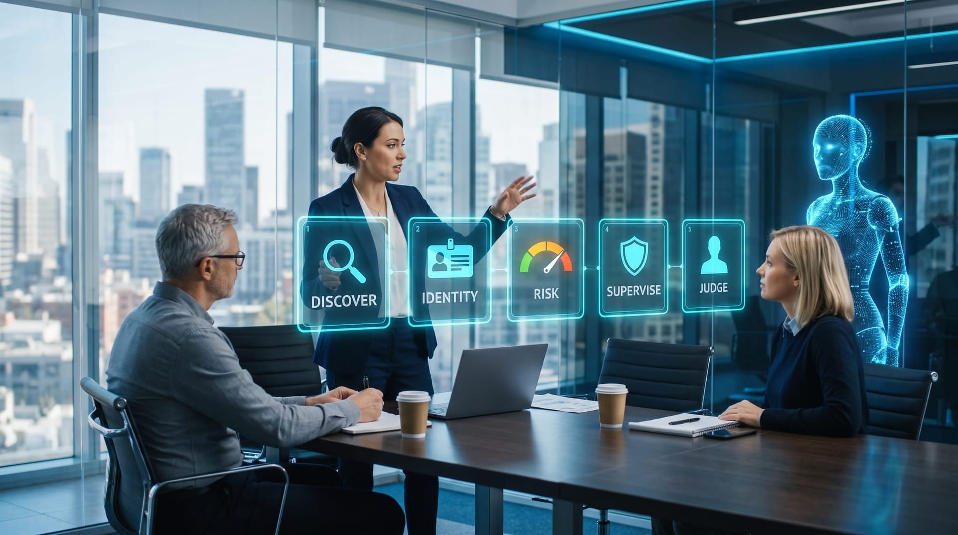 Colleagues reviewing a five-step holographic agent governance workflow from discovery to human oversight on floating cyan panels