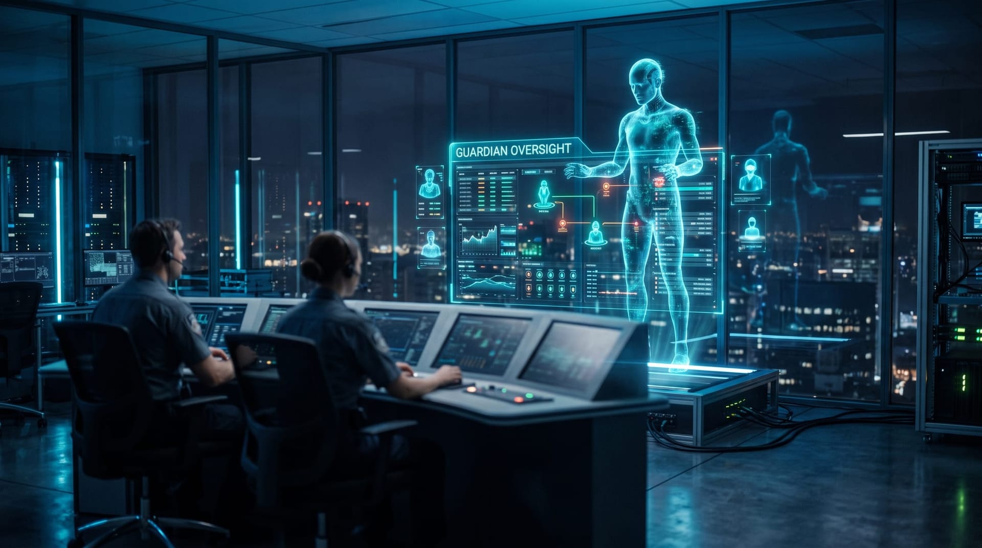 A holographic guardian AI avatar overseeing several smaller worker AI agents on a floating monitoring board in a modern secure office