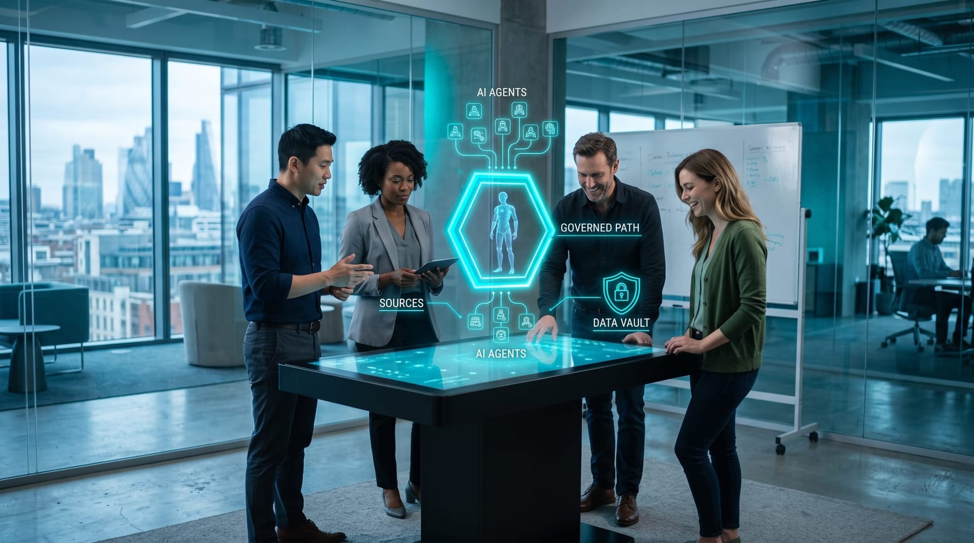 A small Northeast Indiana professional team routing AI employees through one governed gateway shown as a glowing cyan checkpoint hologram