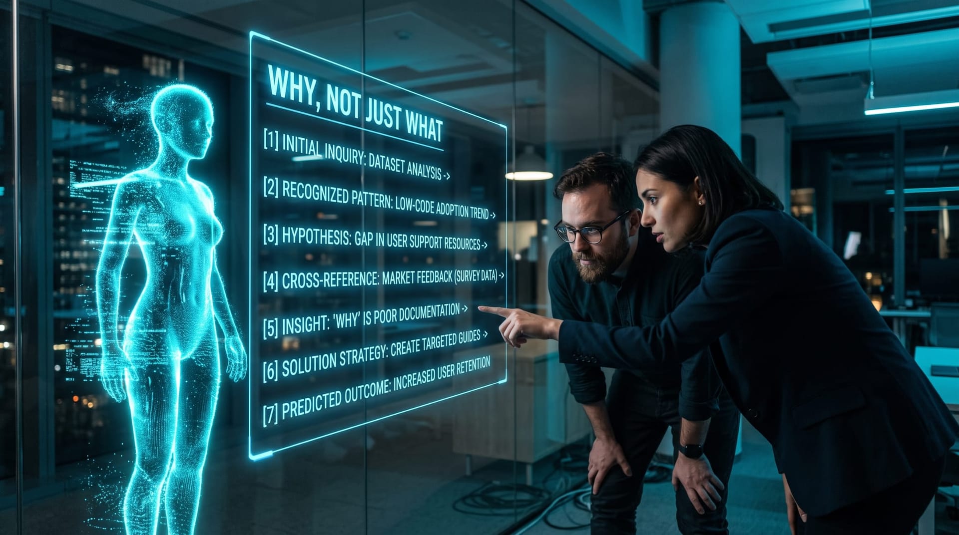 A translucent AI avatar with its glowing reasoning steps exposed on a floating panel while a business team studies why the agent acted
