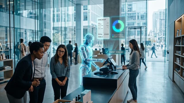 A translucent cyan holographic AI agent completing a checkout at a modern retail counter while a business team reviews agentic-payment approval signals on floating panels