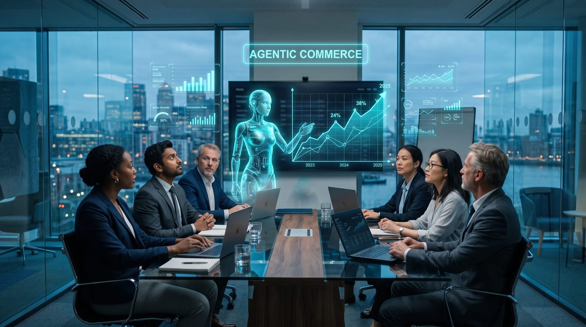 Business colleagues around a conference table watching a holographic AI agent transact against a rising agentic-commerce growth chart in cyan light