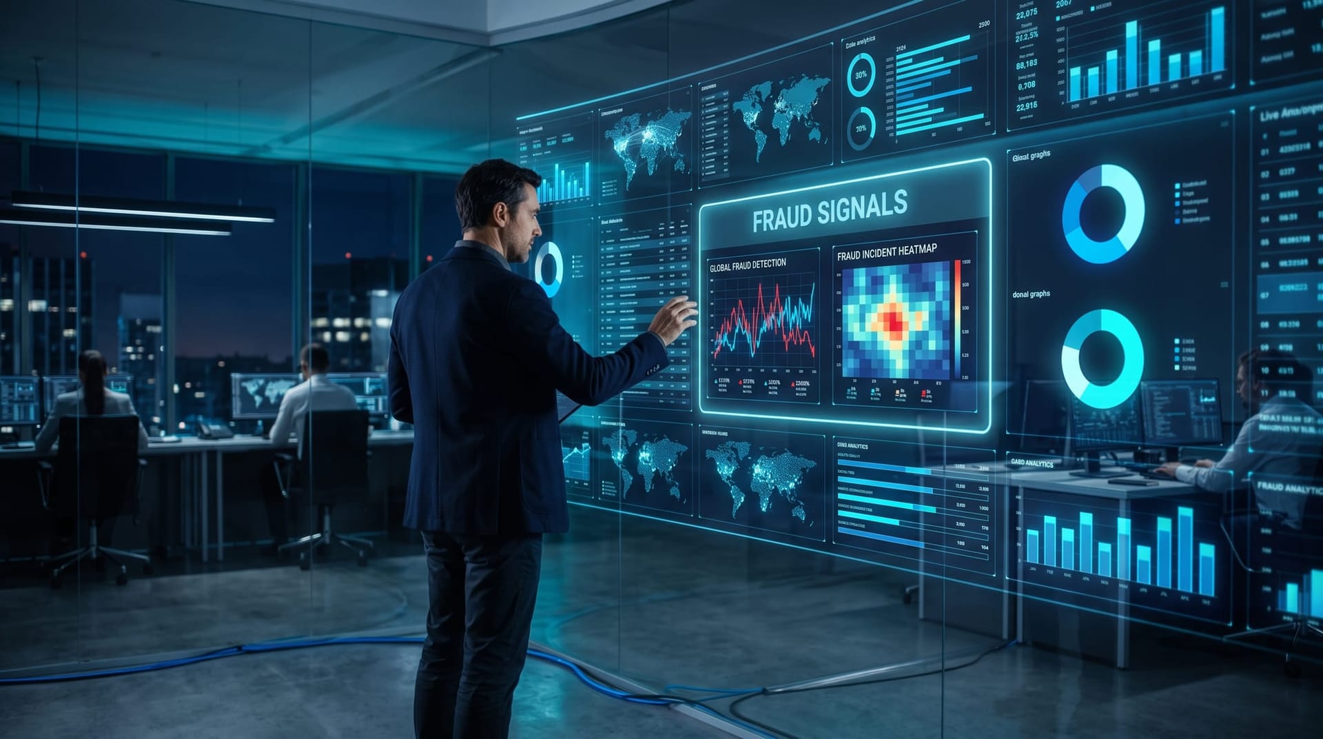 A payments analyst reviewing fraud-signal dashboards on floating cyan panels comparing human and AI-agent transaction patterns in a dark control room