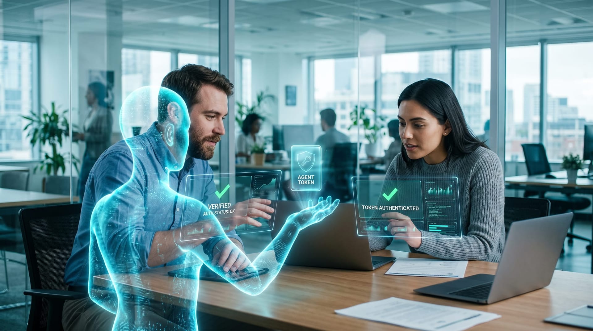 A translucent holographic AI agent holding a glowing scoped payment token as colleagues compare cryptographic agent-verification panels in cyan light