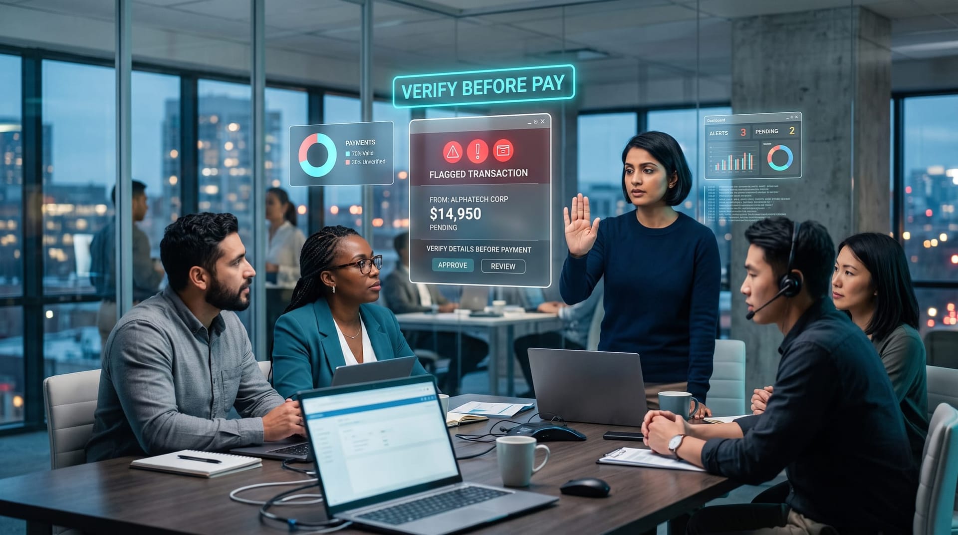A cautious accounts team pausing to verify a suspicious payment instruction against holographic agent-attestation panels in cool blue office light