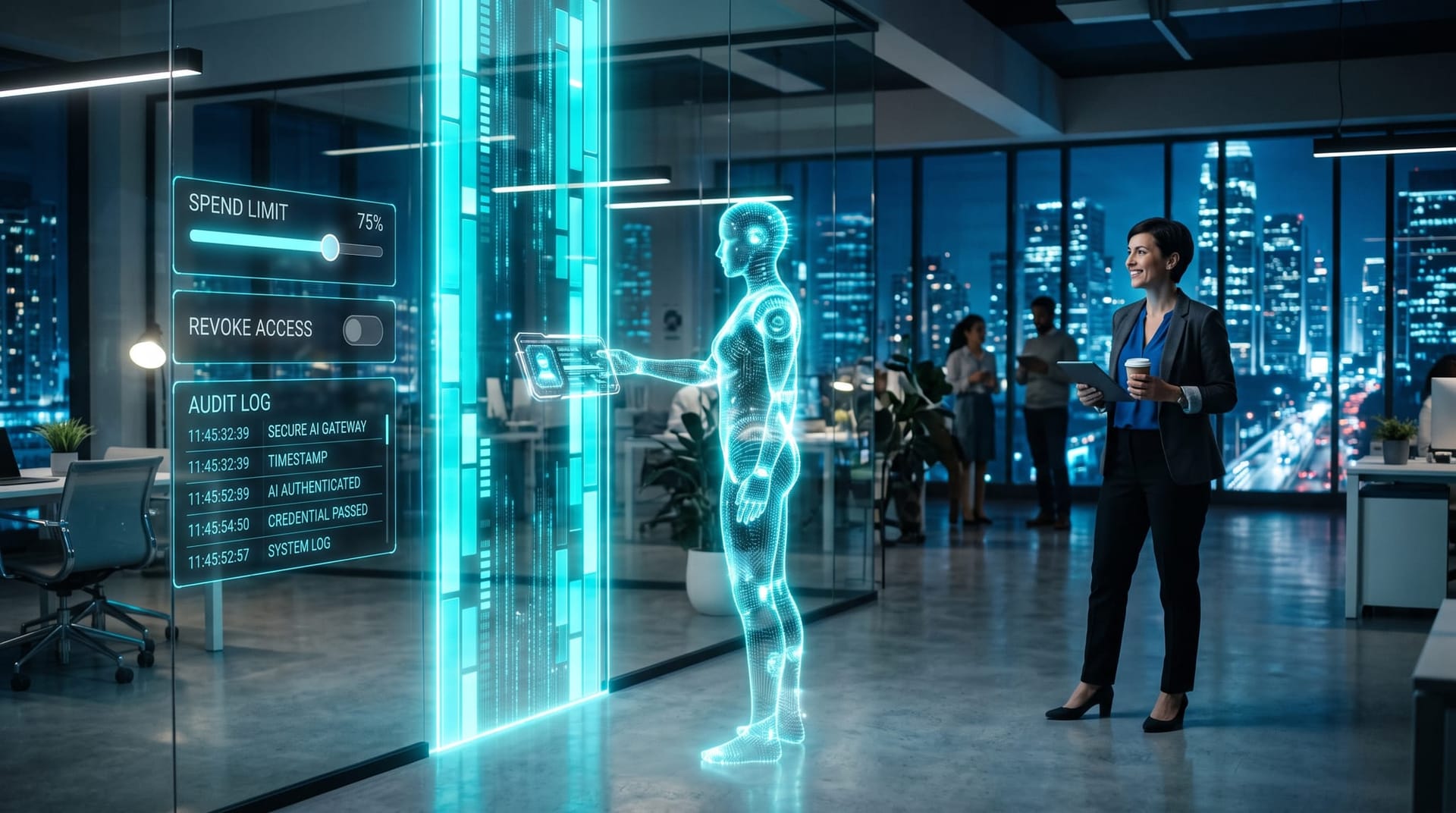 A holographic AI Employee transacting through a glowing secure gateway layer with scoped credential panels and an audit log visible in cyan light