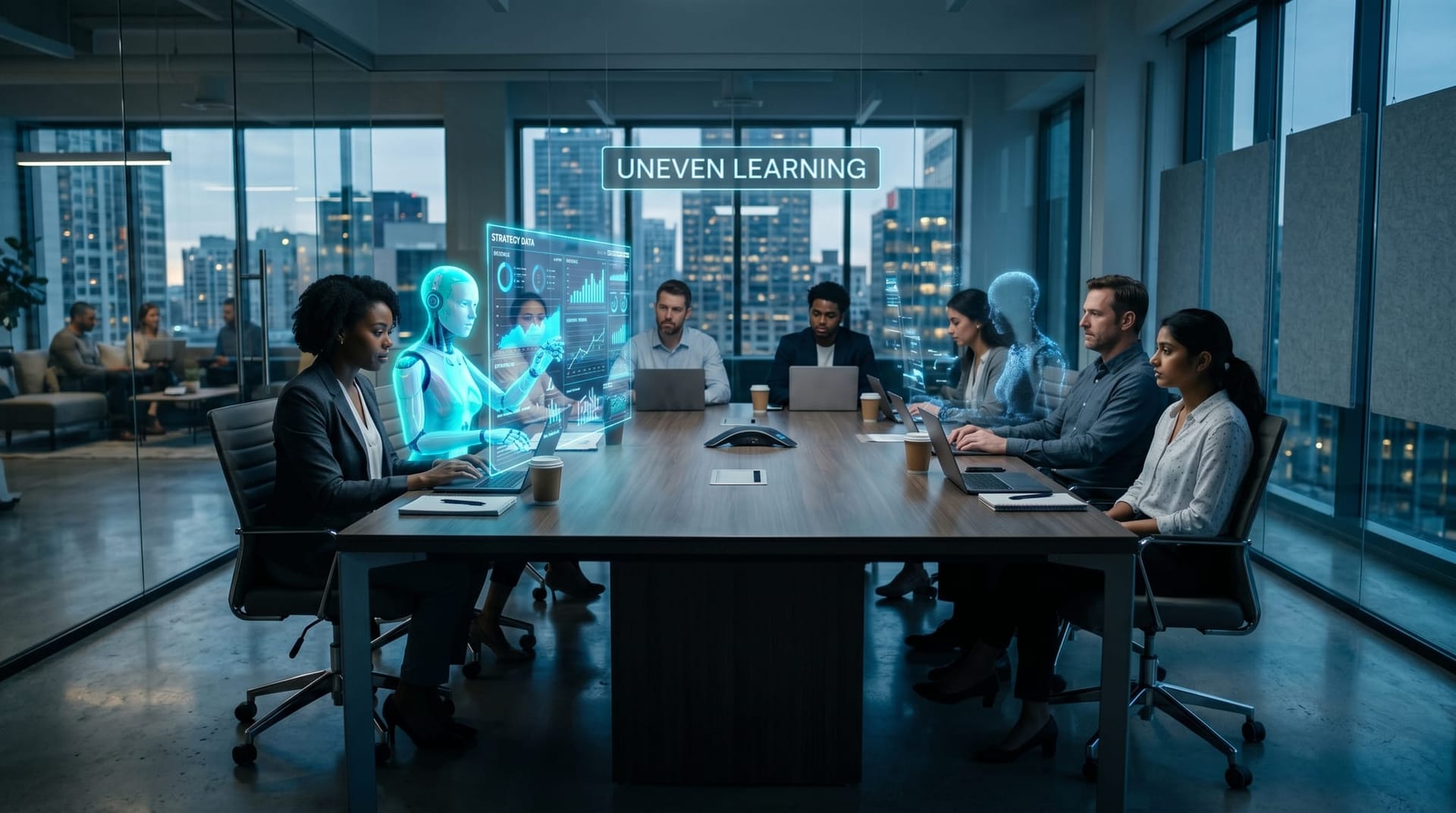 A business team where one person works with a bright holographic AI avatar while colleagues watch faded duplicate avatars, showing uneven AI learning gains