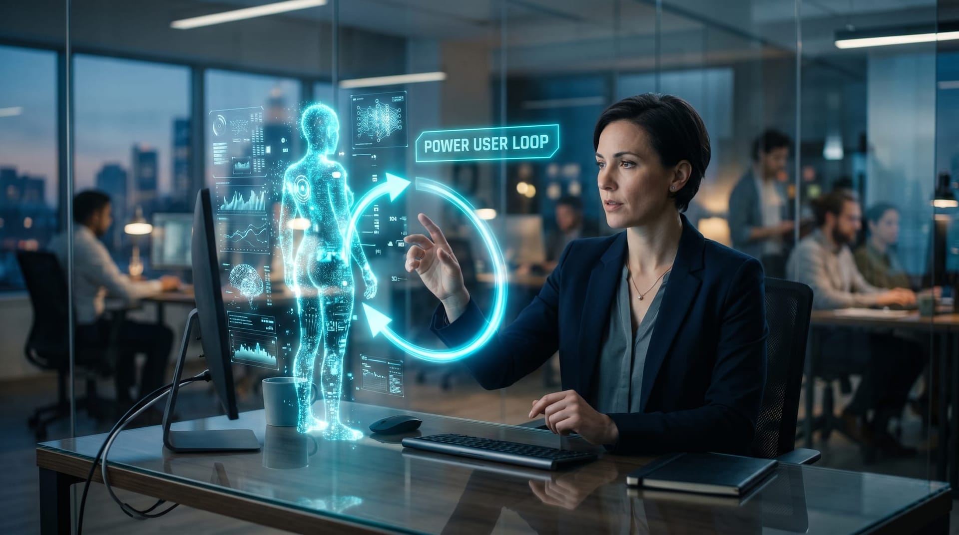 A single power user feeding rich context into a bright holographic AI avatar while a tight compounding feedback loop glows in a cool-lit office