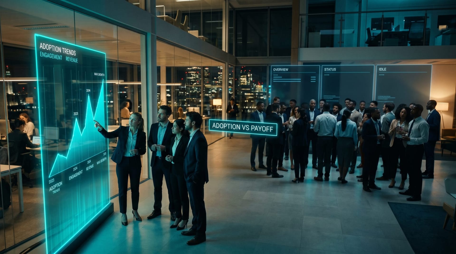 A wide gap between a small group near a glowing AI dashboard and a larger group with flat empty panels, visualizing the adoption versus payoff gap