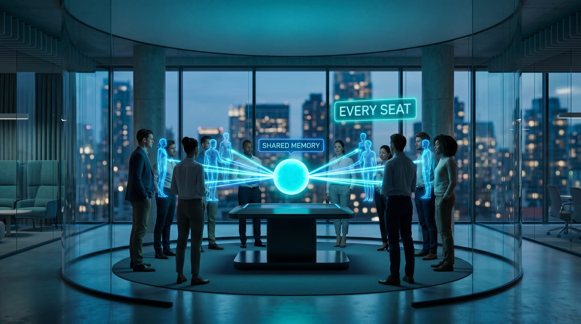 A central shared AI memory core distributing identical glowing knowledge streams to every member of a business team in a futuristic glass office