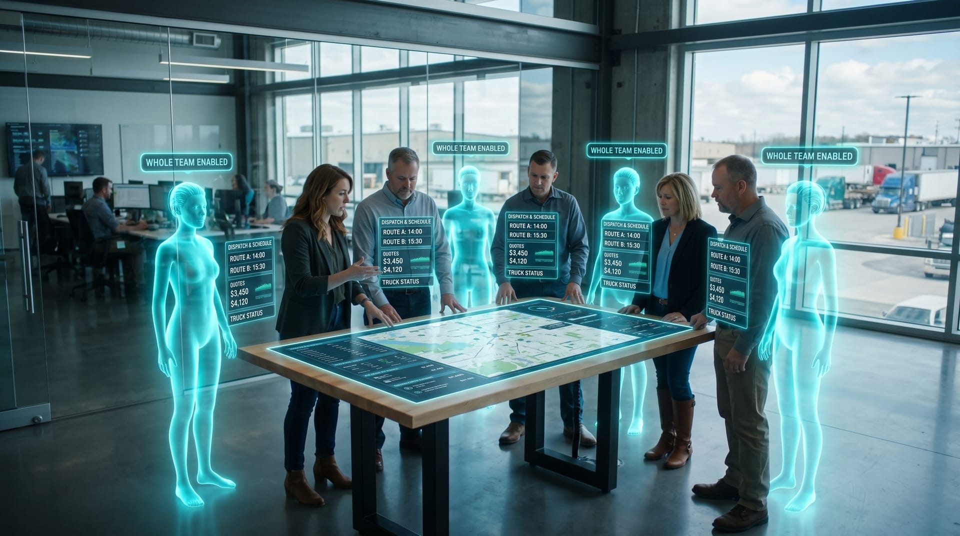 A Northeast Indiana home-services and manufacturing team all confidently using identical holographic AI assistants at a dispatch and planning workspace