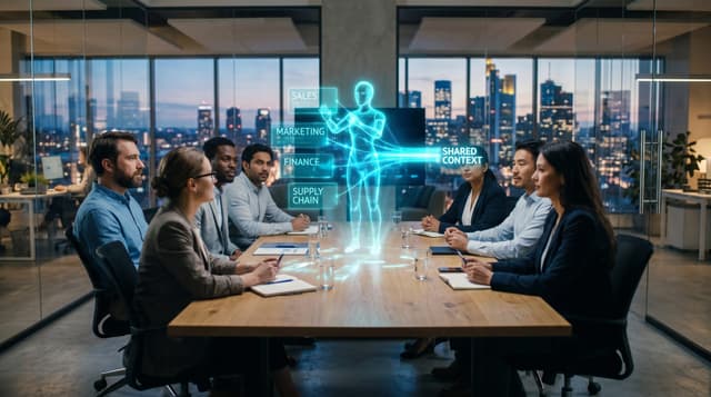 A translucent cyan AI employee links separate glowing department data panels into one shared context layer above a conference table in a glass office