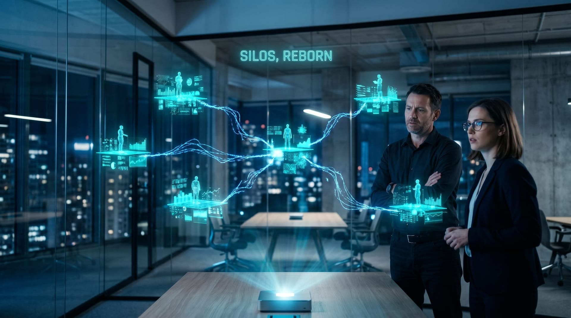 Several glowing cyan data islands drifting apart above an office floor showing duplicate diverging copies as AI agents fragment business data