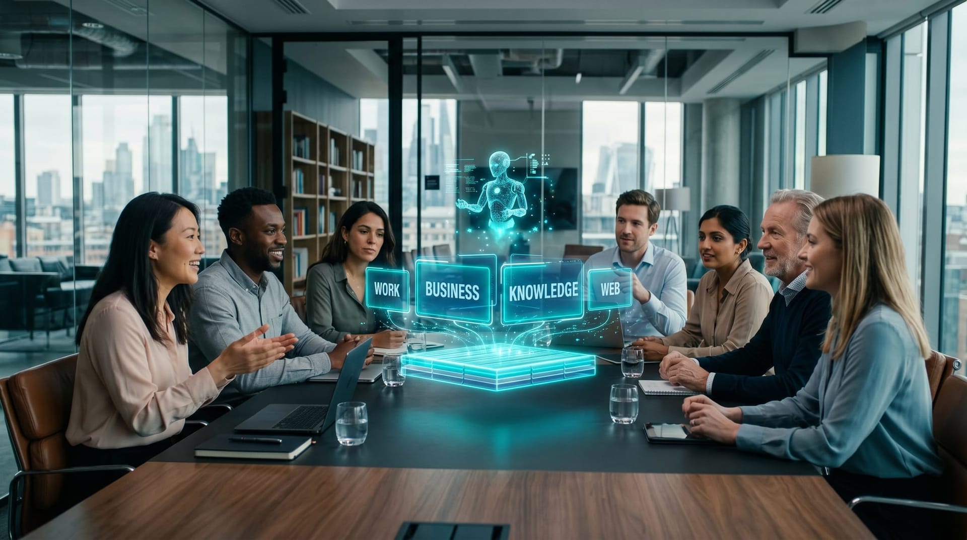 Four glowing cyan context panels labeled work, business, knowledge and web converge into one foundation as a team watches in a glass office