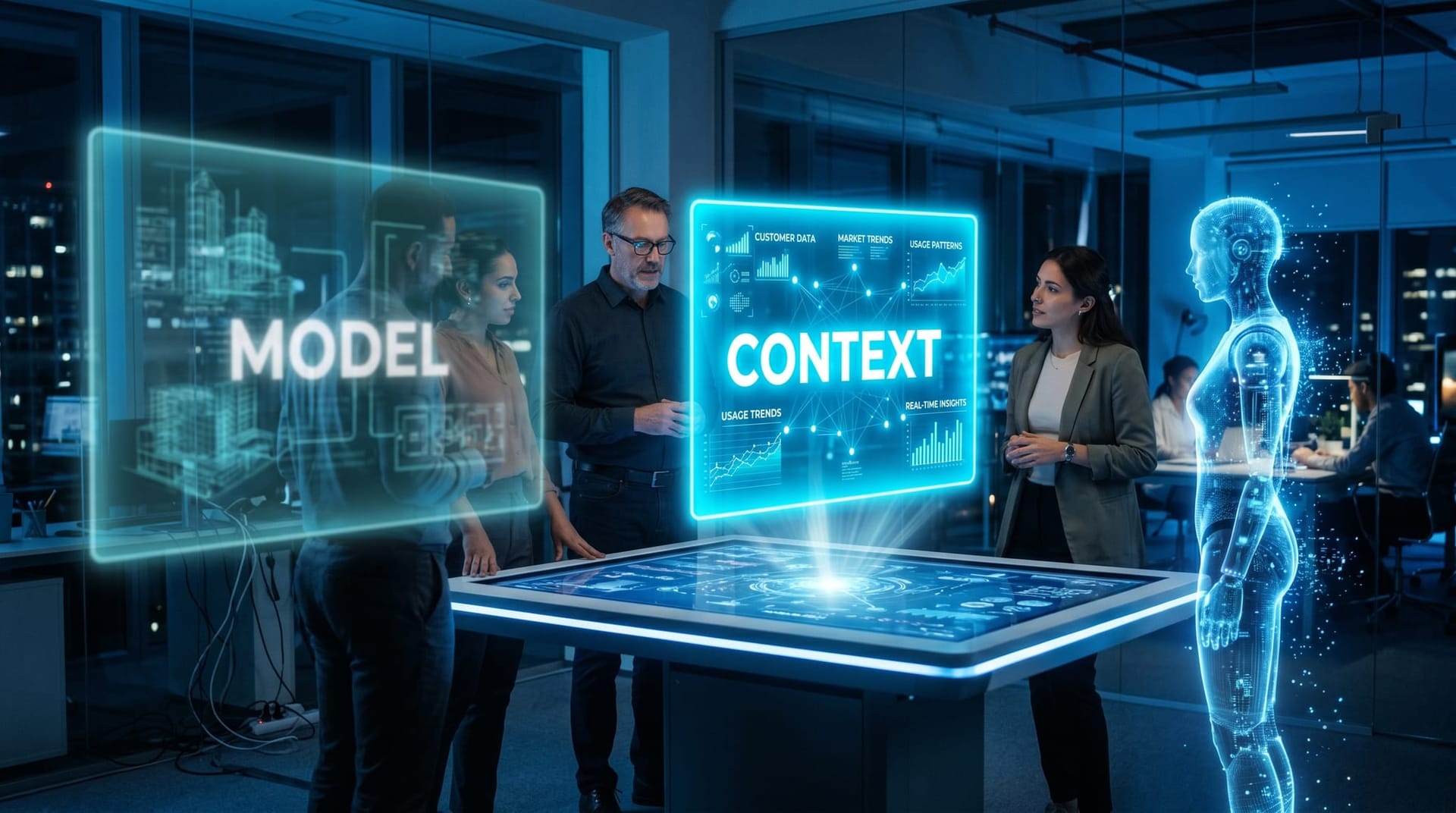 A small glowing cyan brain panel labeled context outshines a larger model panel above a conference table illustrating data context over model power