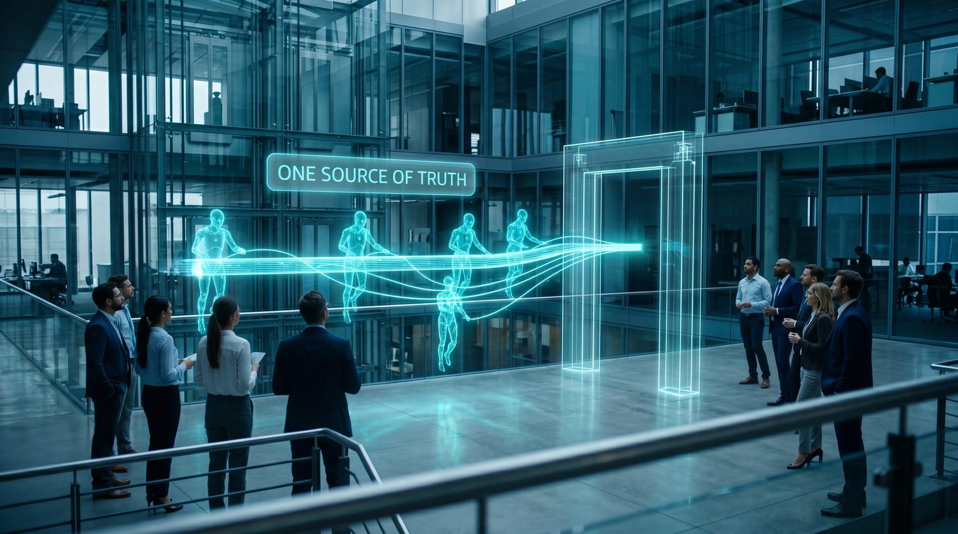 Multiple AI employee figures all reading from one governed glowing cyan data layer through a single gateway boundary in a modern glass office