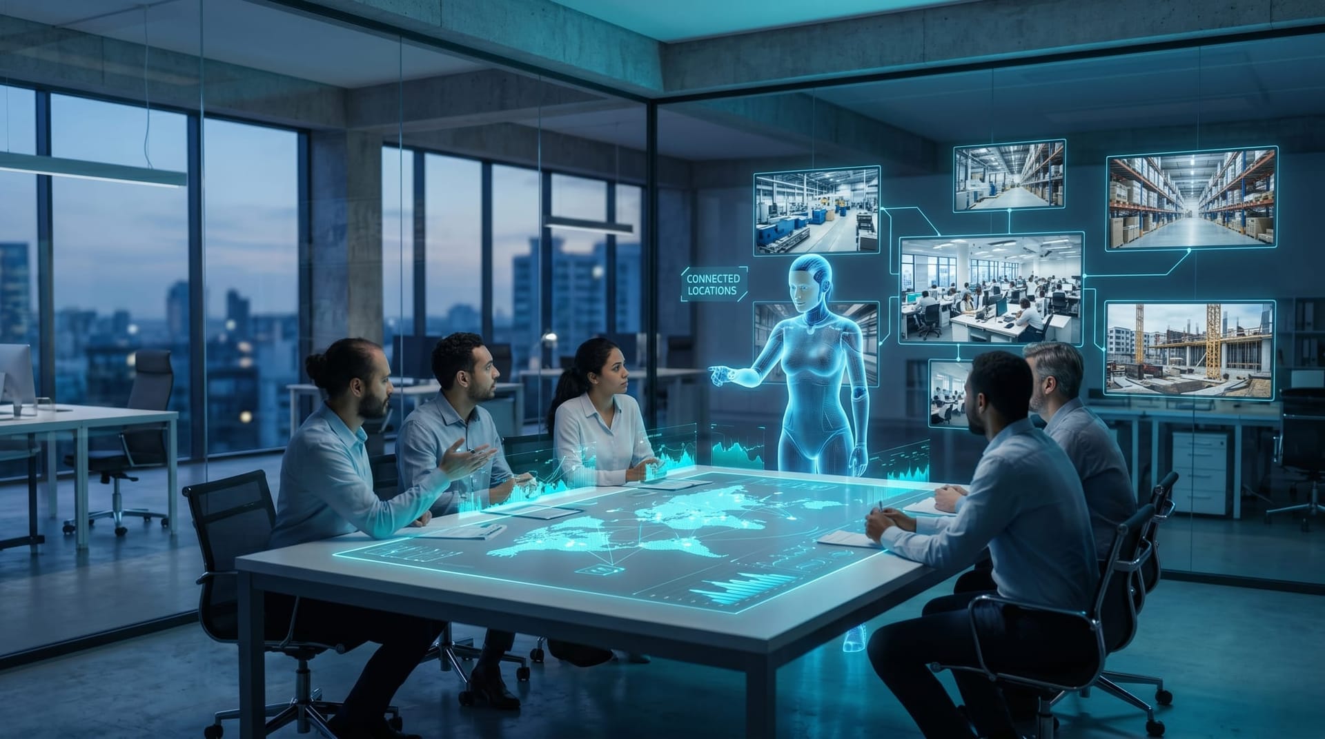 A multi-location business team across screens shares one unified glowing cyan data layer with an AI employee in a Northeast Indiana style glass office