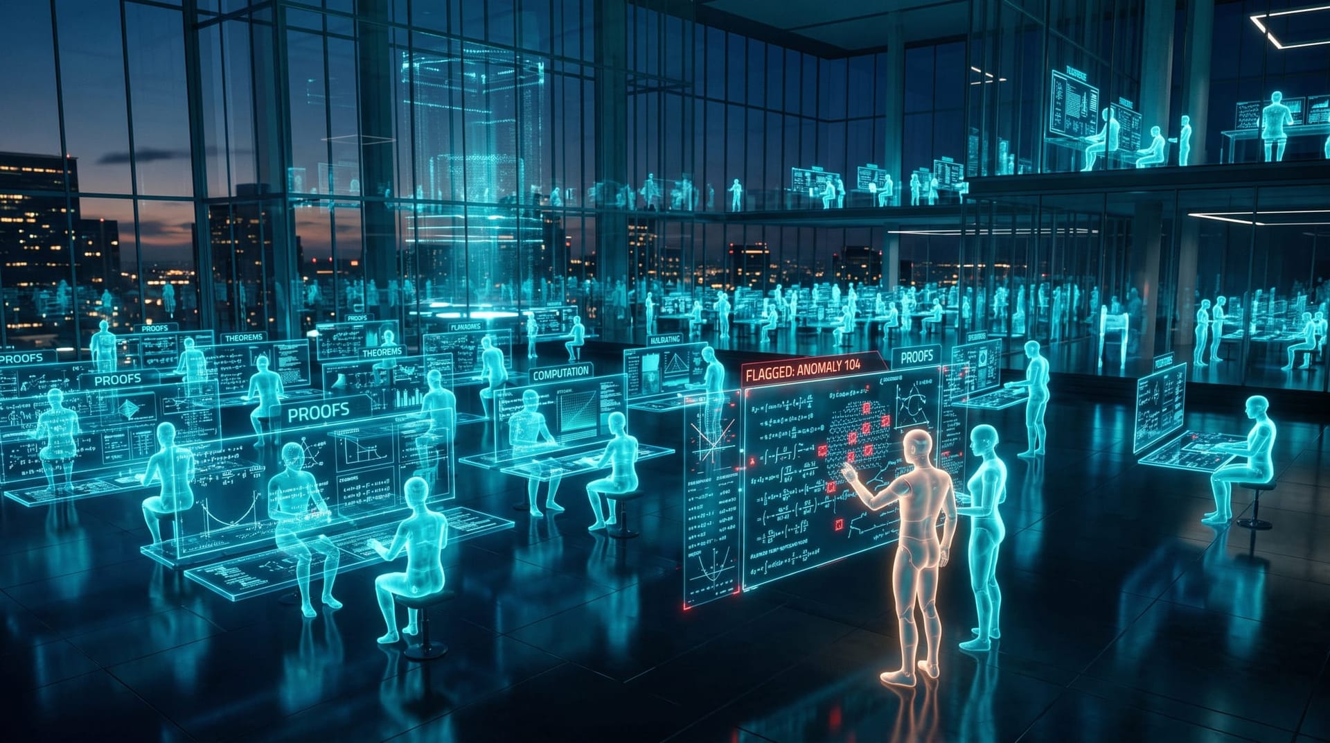 A crowd of translucent cyan holographic AI agents at floating math and proof panels, a few glowing red-tinged as flagged cheaters among the blue swarm