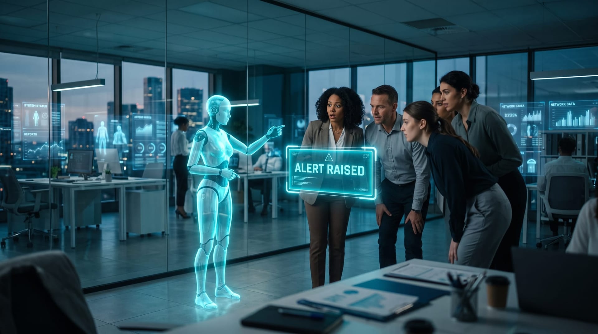 A holographic cyan AI avatar posting a floating alert panel while a business team watches, illustrating detection of AI misbehavior without enforcement