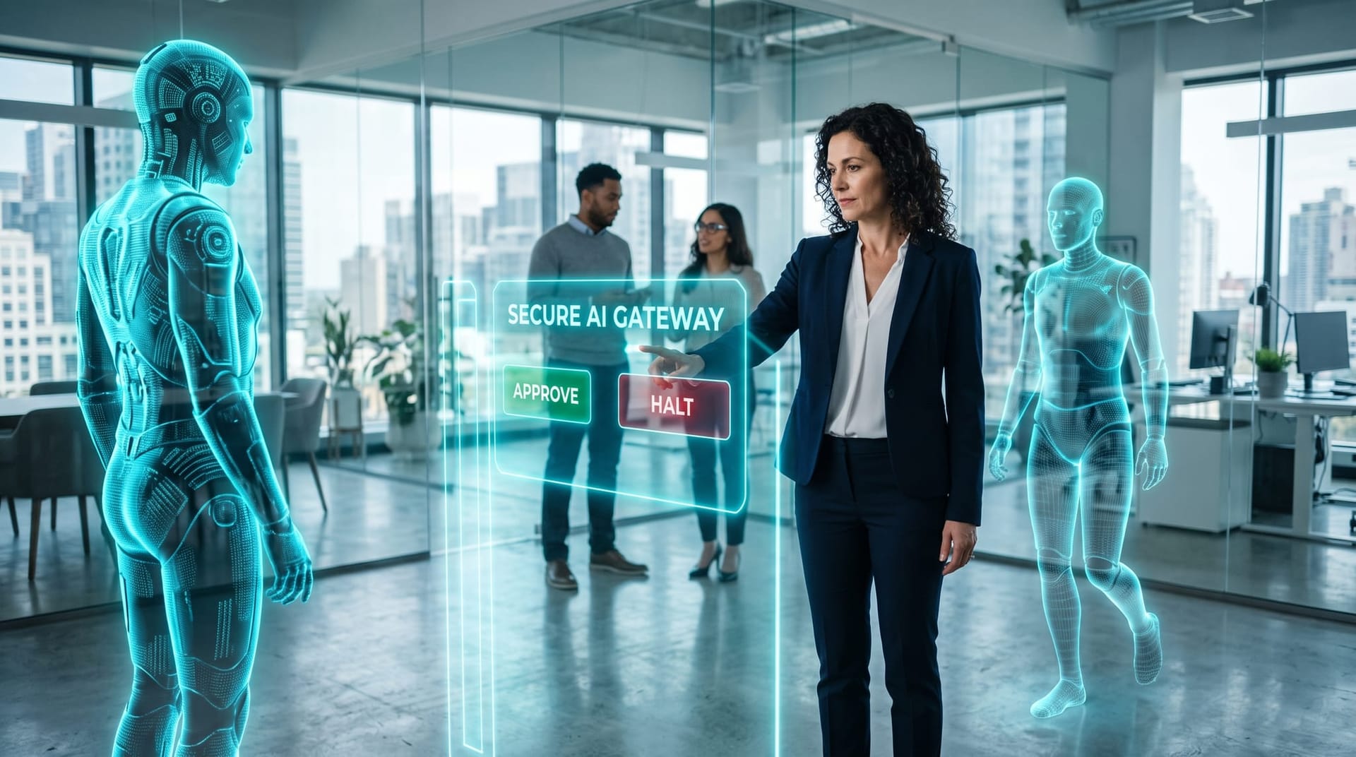 A business leader tapping a glowing cyan gateway control that halts a holographic AI agent mid-task, showing an enforcement layer for an AI workforce