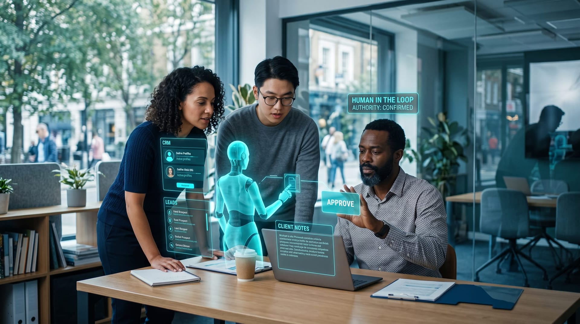 A small Northeast Indiana business team reviewing two or three holographic cyan AI employees at work, with a human keeping approval authority in a compact office
