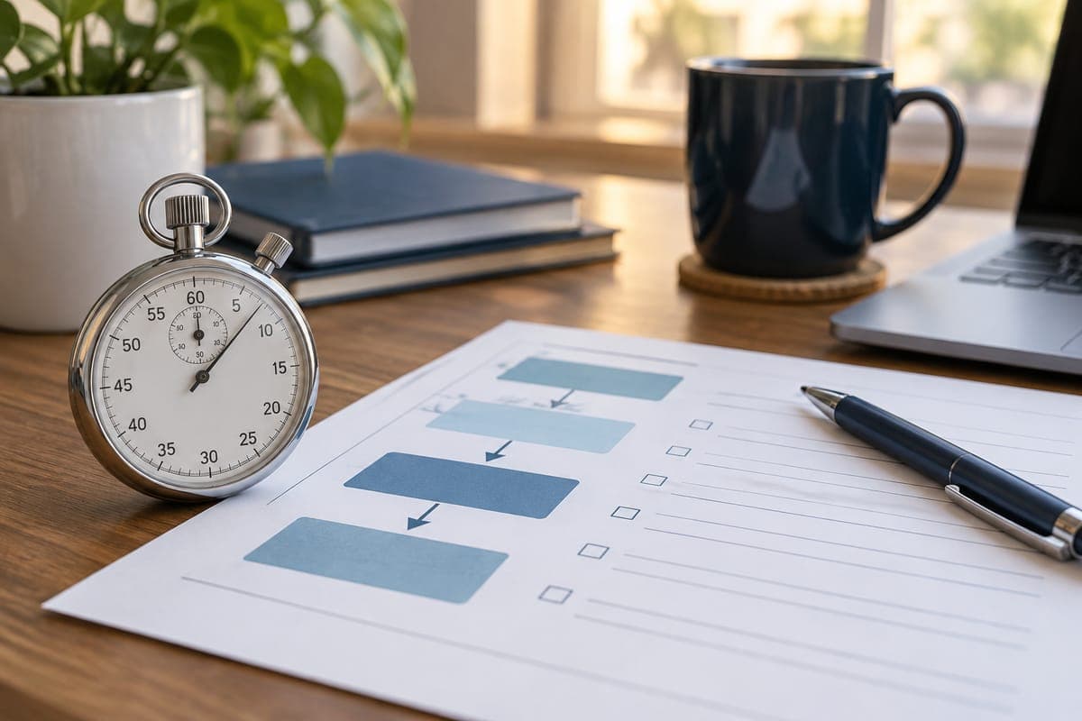 Stopwatch beside a process worksheet