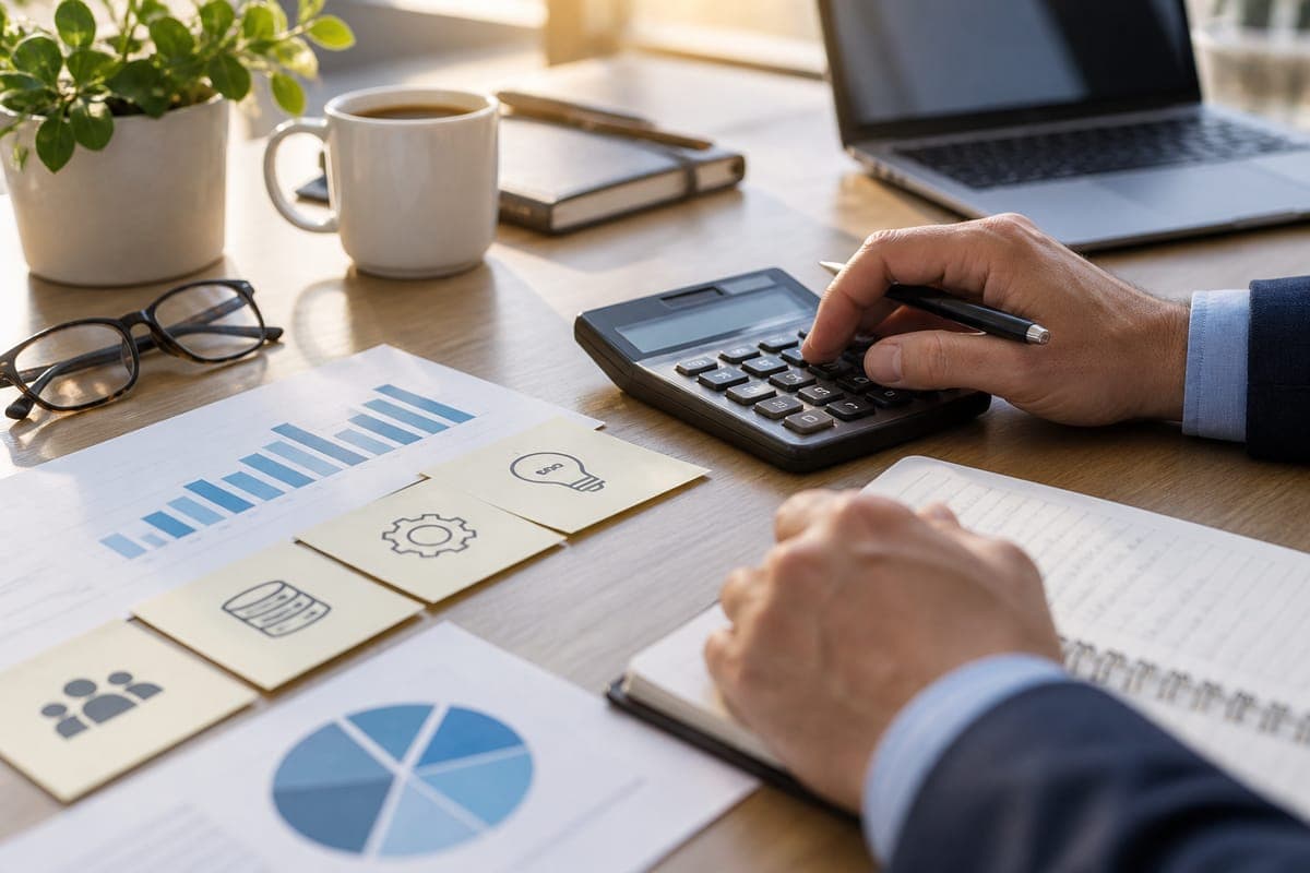 Calculator and cost-category worksheet on a desk