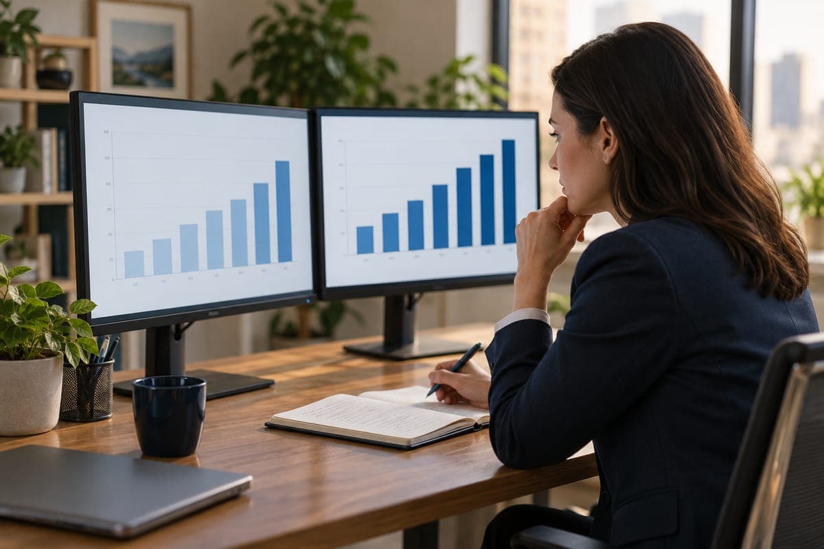 Analyst comparing two sets of bar charts