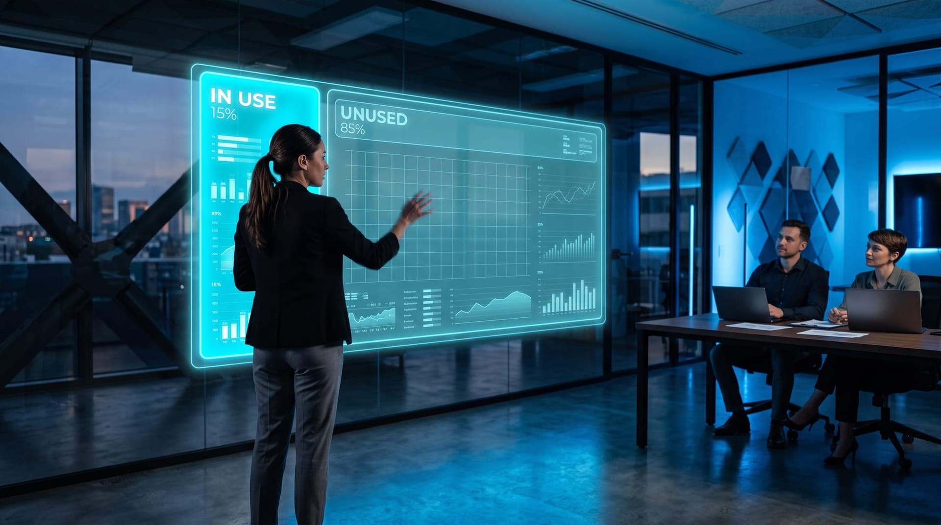 Presenter gesturing to a widening gap between a small used AI panel and a vast dim panel of unused capability on a holographic display
