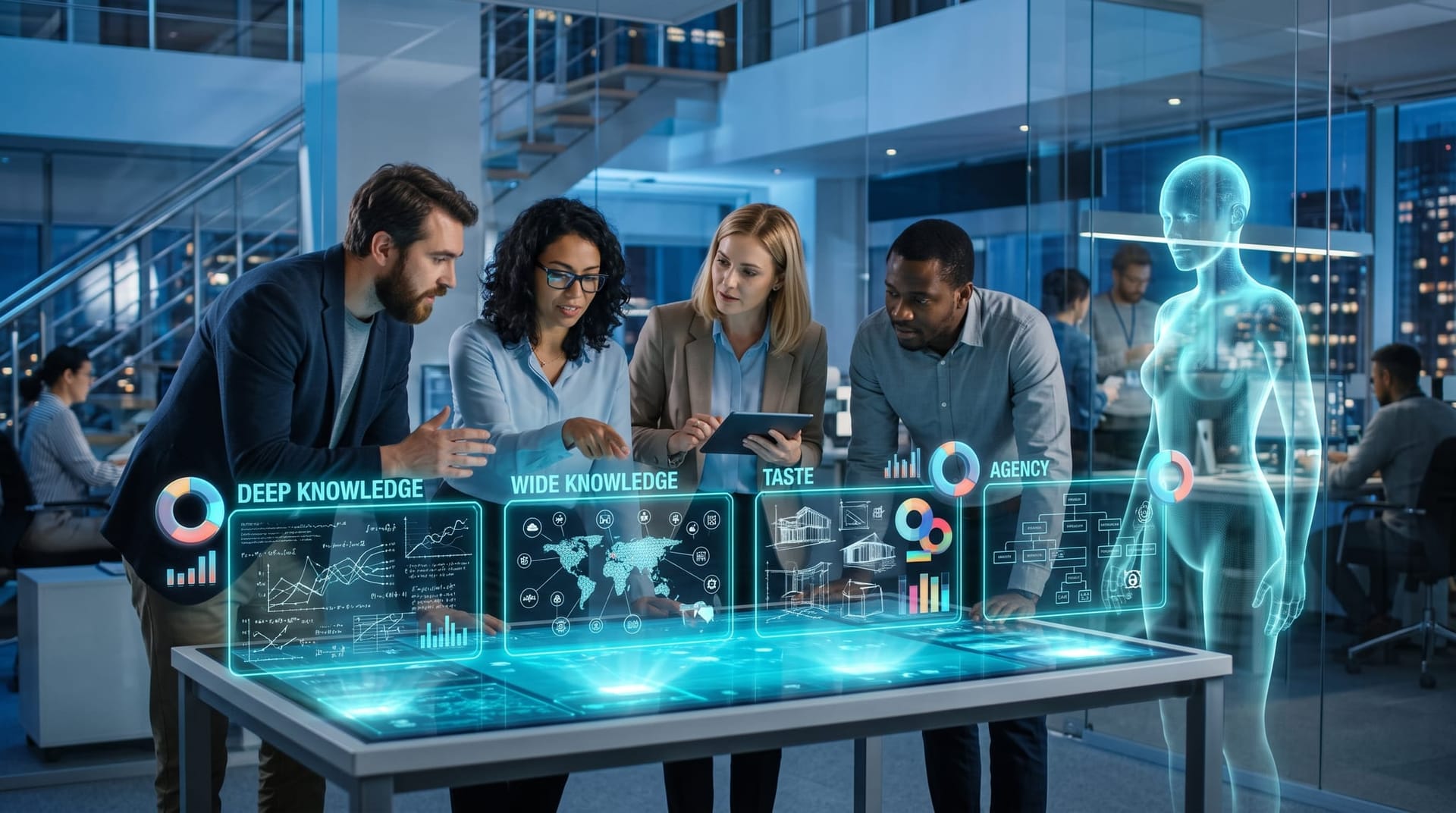 Colleagues around an interactive table studying four glowing cyan panels representing deep knowledge, wide knowledge, taste, and agency