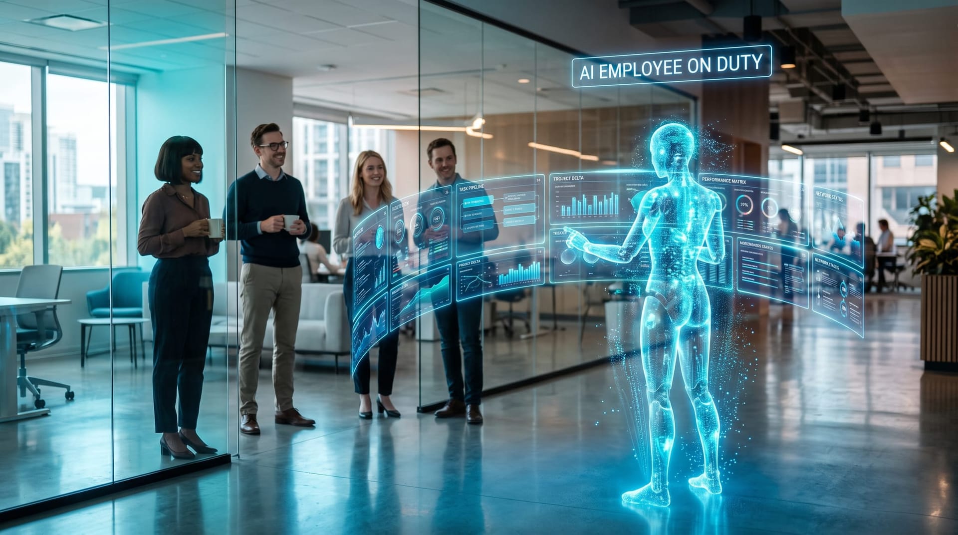 Translucent cyan holographic AI employee autonomously running a workflow of connected dashboards while a small team observes from a distance