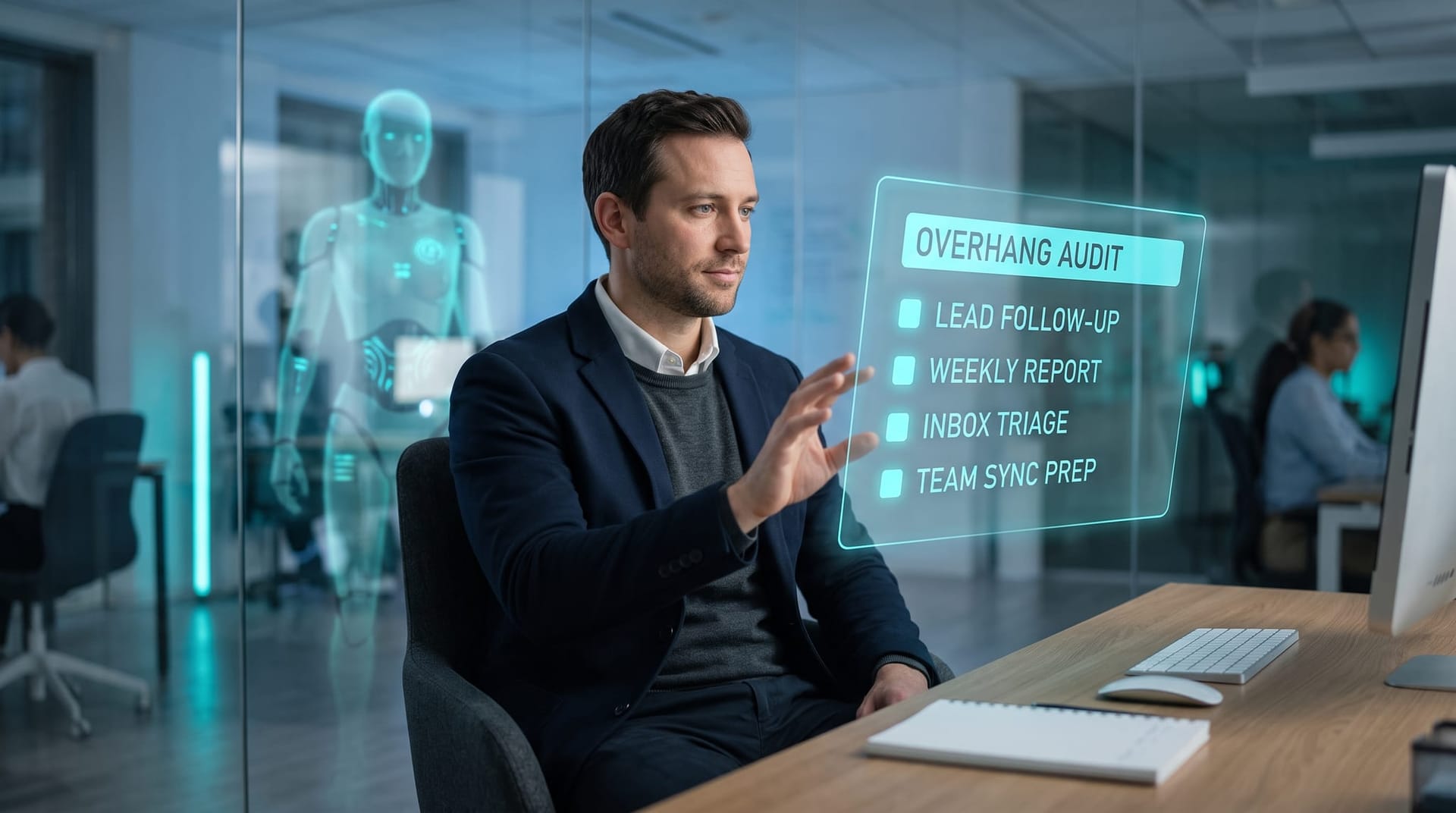 Operations leader at a desk reviewing a checklist of repetitive business tasks flagged on a cyan holographic panel for AI handoff
