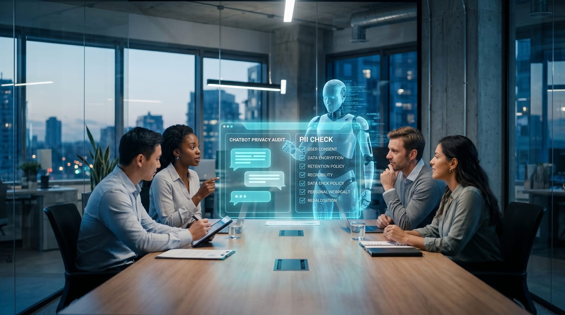 A privacy team audits a customer-facing AI chatbot for PII exposure on a translucent cyan holographic dashboard in a glass-walled office
