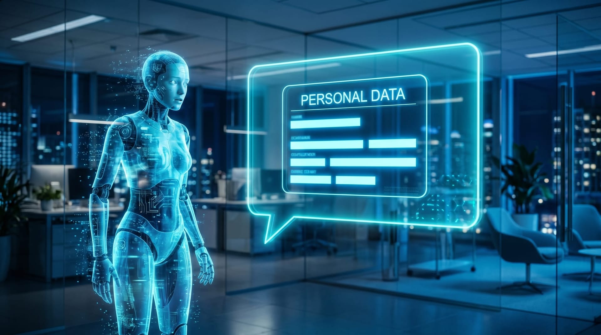 A holographic chatbot bubble surfacing a redacted contact card showing where customer data exposure occurs in a cyan-lit office