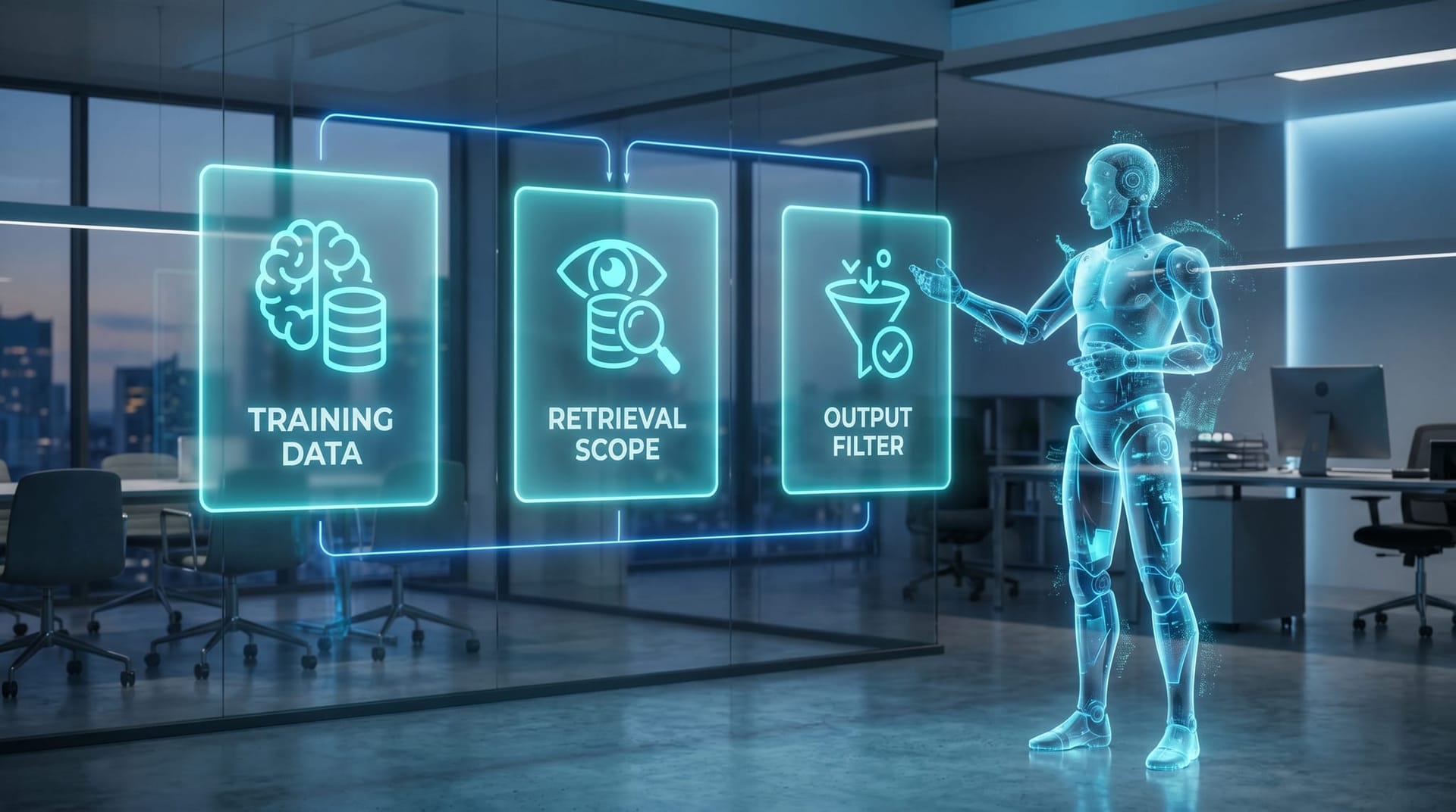 Three holographic cyan panels showing training-data memorization, retrieval scope, and output filtering as the mechanisms behind chatbot PII exposure
